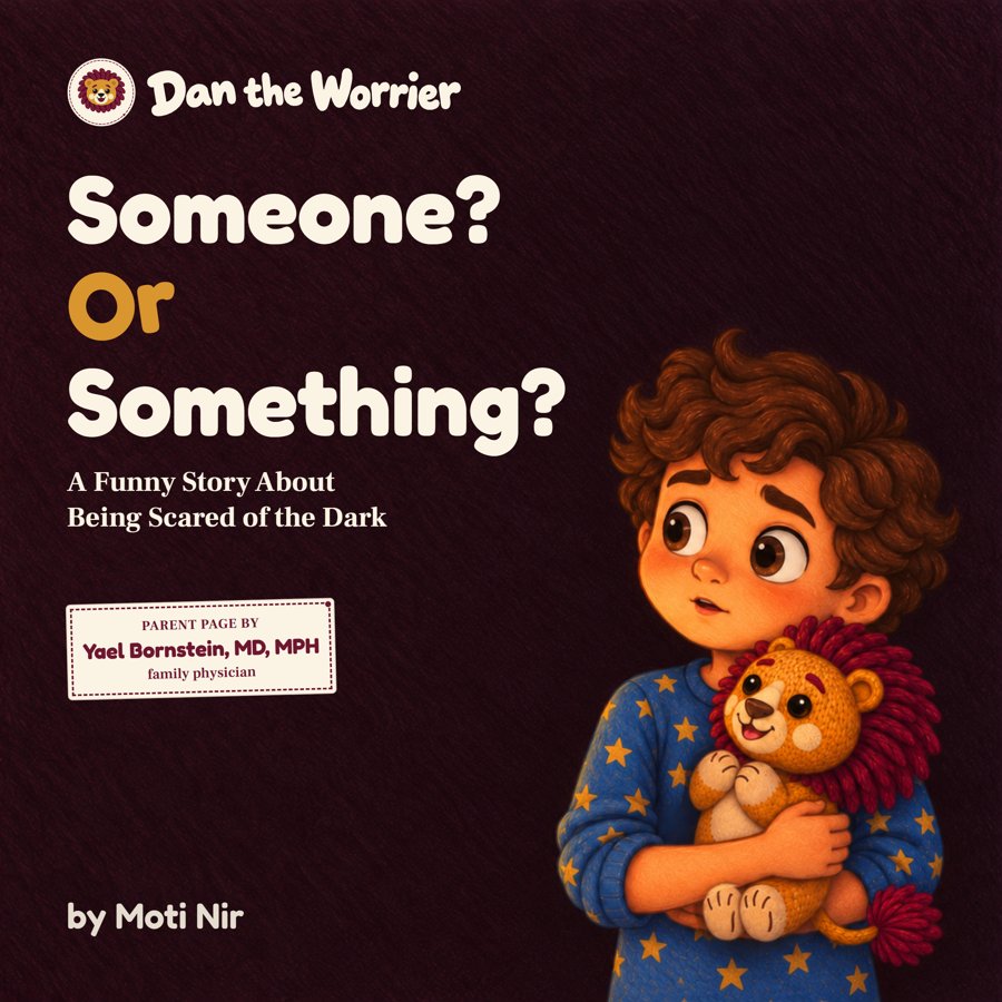 The cover of Someone? Or Something?: Dan and his stuffed lion, Rexie